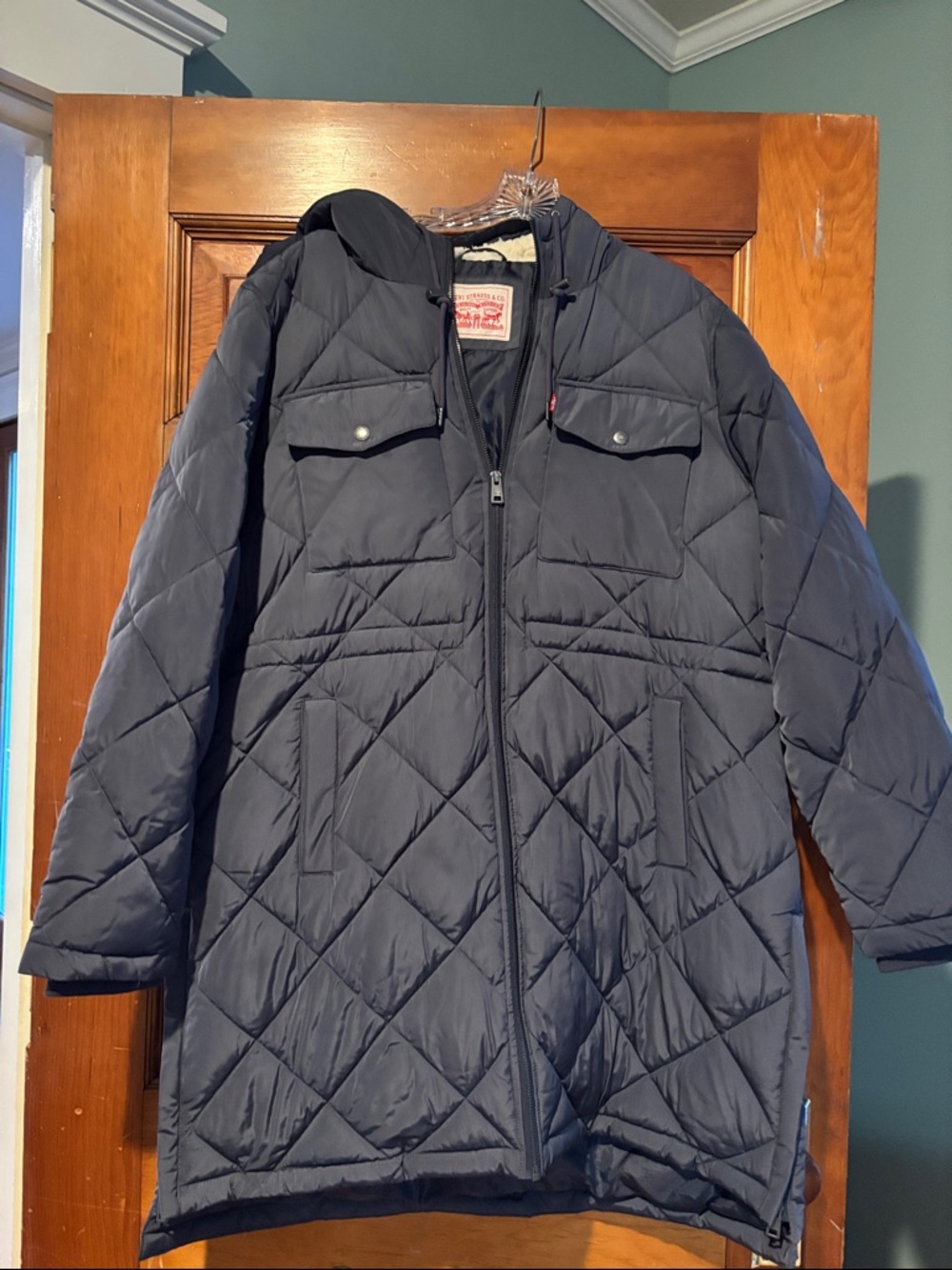 Levi's Dark Gray Quilted Hooded Puffer Coat with White Sherpa Lining